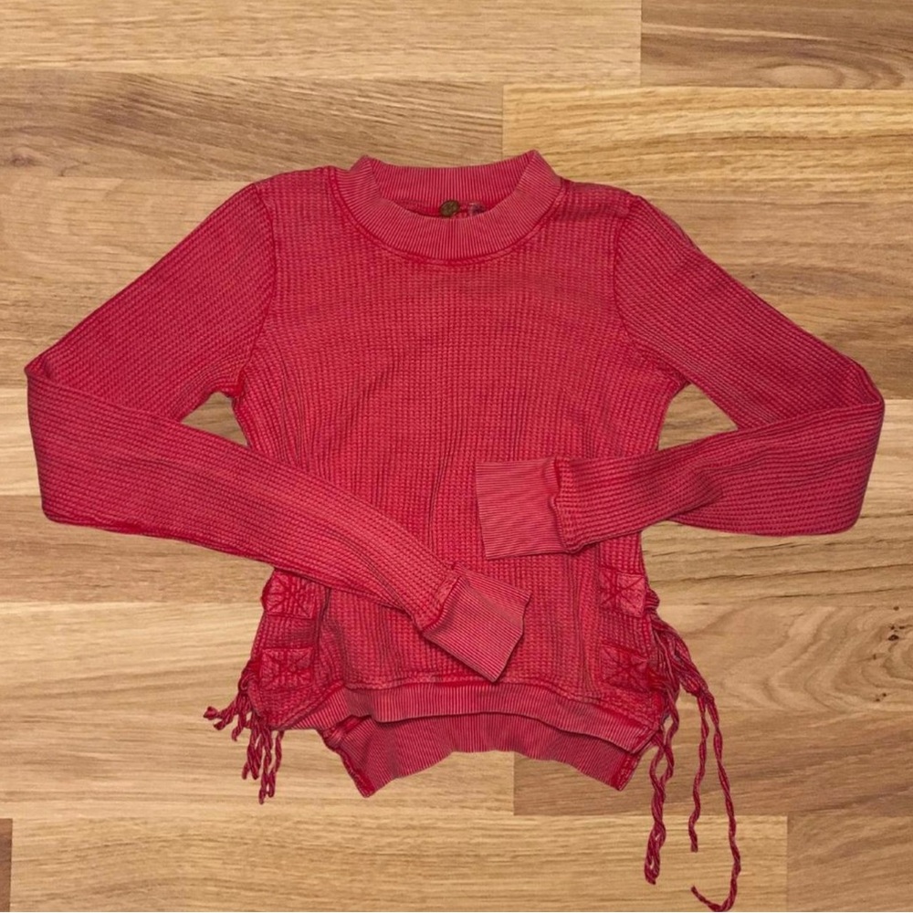 Free People Red Ribbed Long Sleeve Hoodie